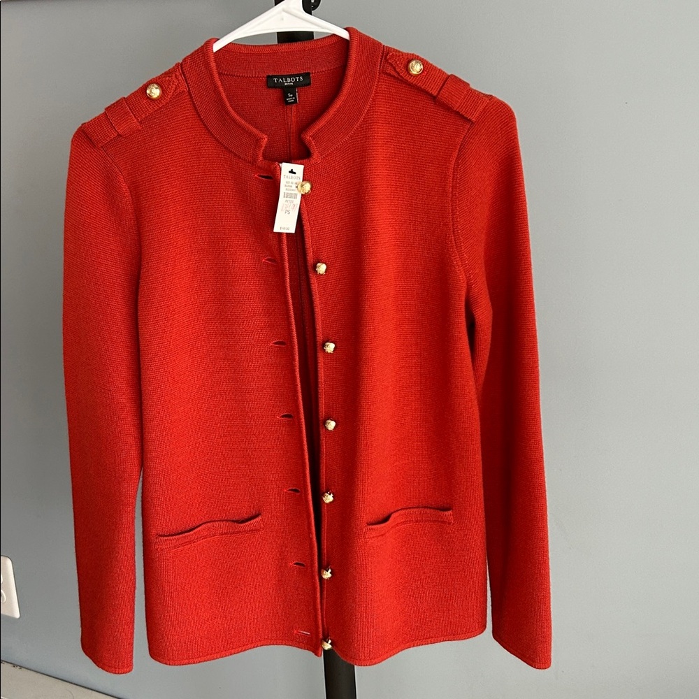 Talbots Sweater Blazer Womens Large Rust Orange Merino Wool Military Buttons